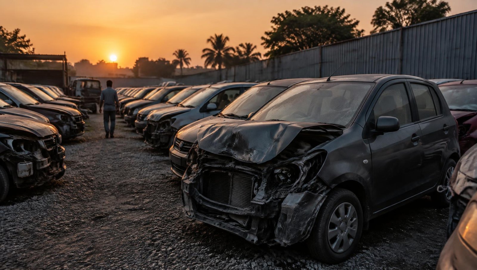 Accidental and used vehicles parked in an automobile yard in Ahmedabad at dusk